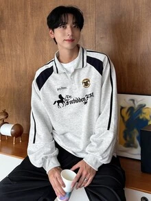 DAZY 男士字母印花條紋鈕扣半拉鍊運動衫 - 彩色 - 查看 6