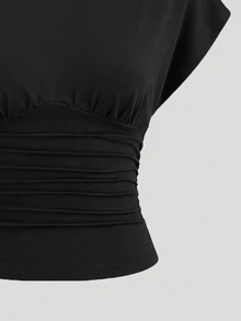 QUELARIE Women's Solid Color Minimalist Versatile Pleated Top For Daily Wear - Black - View 4