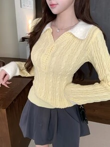 DAZY Women's Contrast Color Lapel Long Sleeve Button Half-Placket Casual Sweater Fall - Yellow - View 7