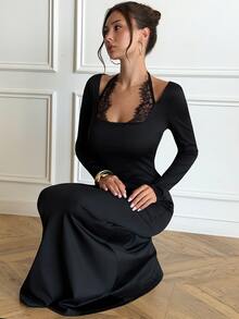 Aloruh Gaun Hitam Seksi Model Halter Neck dengan Belahan Samping dan Tali Renda, Pas Badan, Cocok untuk Pesta dan Dansa - Hitam - View 5