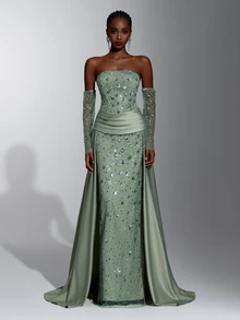 Elitara Elegant Olive Green Sequin Embroidered Strapless Mermaid Evening Gown With Long Gloves And Ruched Satin Overskirt For Wedding, Gala And Formal Party - Olive Green - View 2
