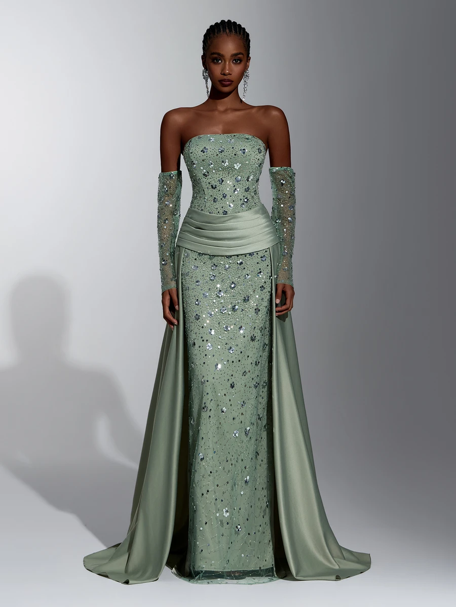 Elitara Elegant Olive Green Sequin Embroidered Strapless Mermaid Evening Gown With Long Gloves And Ruched Satin Overskirt For Wedding, Gala And Formal Party