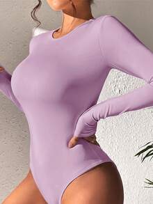 SHEIN PETITE 素色修身春季女款連身衣 - 淡紫色 - 查看 3