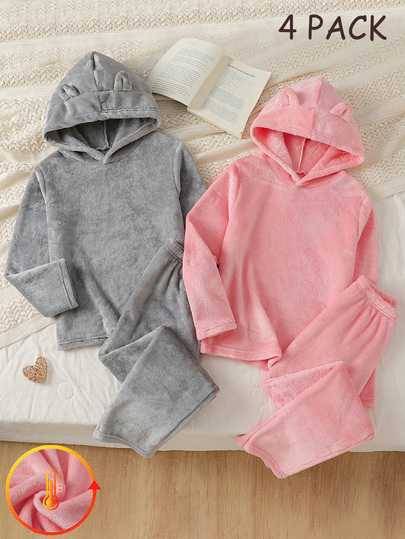 Ensemble 4 pièces pour filles, peluche chaude et décontractée, avec capuche, décoration d'oreilles 3D, manches longues, pantalon long, vêtement d'intérieur doux et confortable, automne/hiver
