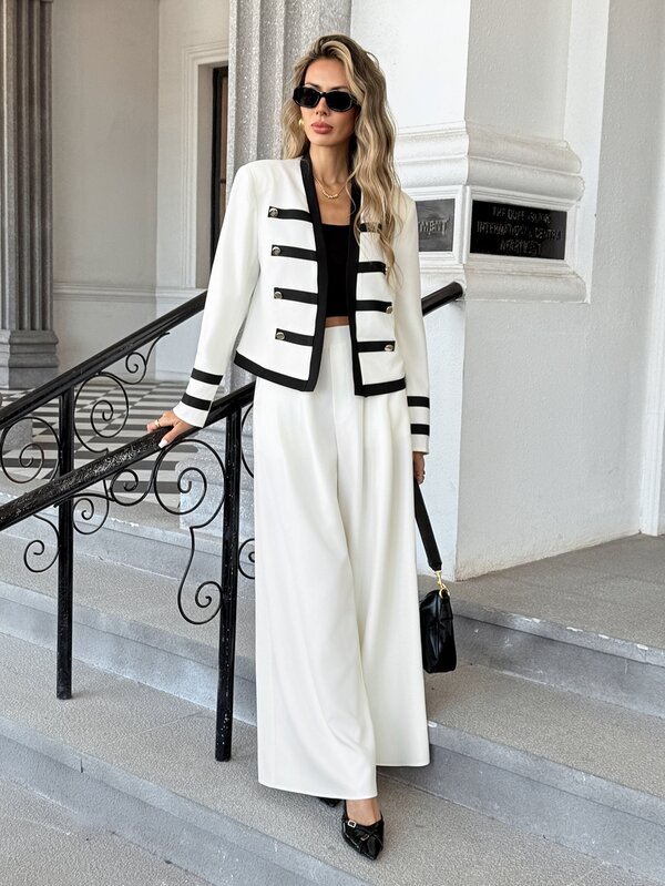 SHEIN PariChic Women's New Autumn/Winter French Street Style Napoleon Black & Apricot Contrast Color Suit Set, Jacket With Double-Breasted Gold Round Buttons, Double-Stripe Trim On Cuffs Echoing Body Design, High-Waist Wide-Leg Pants With Draping Silhouette, Clean Lines For A Sophisticated And Professional Coordinated Look, French Elegant Outfit, Napoleon Jacket