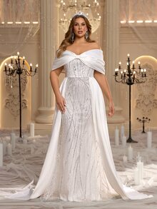 Glamrae Plus Size Elegant Romantic Glamorous Beaded Embroidered Patchwork Wedding Dress Satin Off-Shoulder Butterfly Plus Size Sleeves Fitted Mermaid Hem With Train - White - View 5