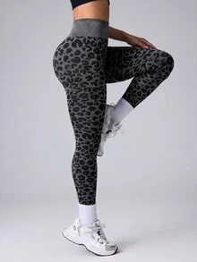 Slayform Leopard Print Mid-High Waist Casual Sports Seamless Leggings - Dark Grey - View 3