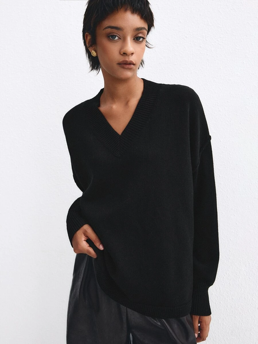 ATUI Studio Women's Solid Color Casual Versatile Daily Long Sleeve Sweater - Black - View 1