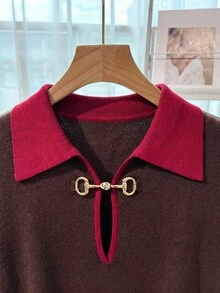 Lavishia Vintage Elegant Metal Button Knitted Vest - Rust Brown - View 7