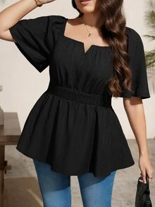 Comfylo Plus Size Women's Solid Color Pleated Casual Versatile Daily Wear Shirt - Black - View 1
