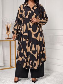 SHEIN Lady 大尺碼秋季時尚全印花襯衫與長褲兩件套 - 彩色 - 查看 7