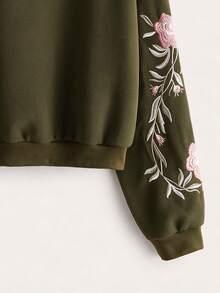 SHEIN LUNE 深綠色刺繡花卉細節拉鍊飛行夾克，秋季休閒街頭風，適合日常、賽車日與旅行穿著 - 軍綠色 - 查看 3