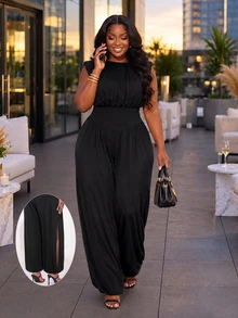 Poshavie Poshavie Plus Size Women's Fashion Ruched Jumpsuit, Elastic Fabric Waist-Cinched Slimming Design, Versatile For Party, Outing, Photography And Travel - Black - View 2