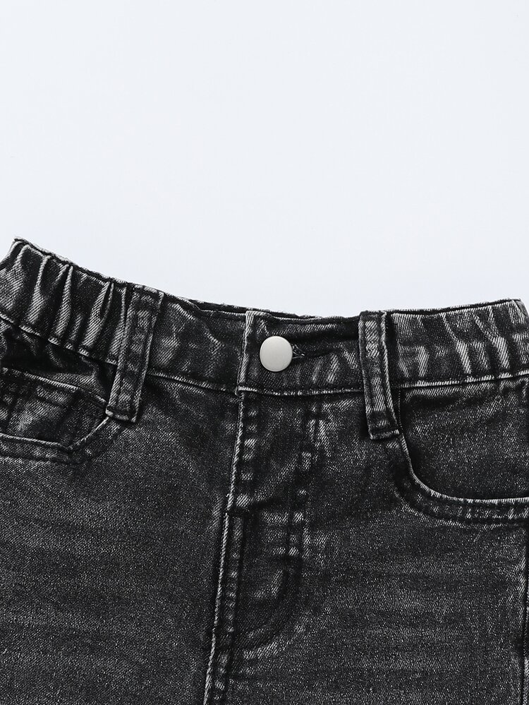 SHEIN Explorewe Young Girl Button Pocket Applique Embroidered Denim Flare Pants - Dark Grey - View 4