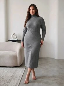 Hourglow Plus Size Waist Defined Knit Midi Dress, High Neck Ribbed Waist Bodycon Sweater Dress - Grey - View 4