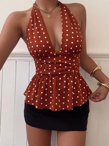 SHEIN Women's Polka Dot Halter Neck Tank Top, Fashionable Casual Sleeveless Vest For Spring And Autumn - Multicolor - View 3