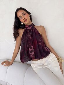 Aloruh 波希米亞風性感掛脖雪紡豹紋女款上衣 - 紫色 - 查看 5