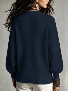SHEIN 女款極簡優雅海軍藍圓領針織燈籠袖套頭衫，適合日常購物、休閒、度假、旅行、約會 - 藏蓝色 - 查看 2
