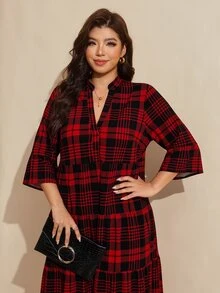 Comfylo 聖誕格紋拼接層次大碼長裙 - 紅色 - 查看 12