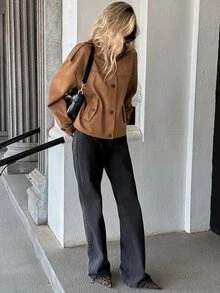 Pariaura Jaket Wanita Kasual untuk Perjalanan Sehari-hari, Longgar, Nyaman, Kerah Tegak, Bahan Suede Fleece, Lengan Panjang, Bahu Jatuh, Model Serbaguna - Coffee Brown - View 6