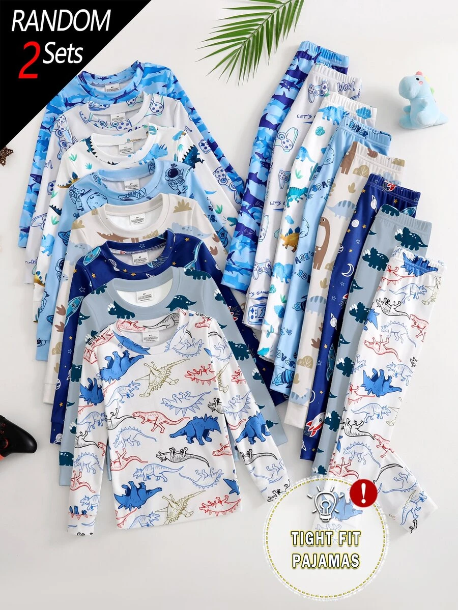 2件隨機款男童幼兒趣味多色卡通印花圓領長袖上衣與長褲套裝,柔軟針織舒適休閒修身秋冬睡衣 - 彩色 - 查看 1
