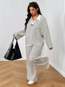 SHEIN EZwear Plus Size Autumn Casual Striped Top & Pants 2 Pieces Set - Apricot - View 4