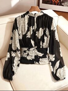 SHEIN Clasi Women's Floral Print Stand Collar Long Sleeve Ruched Waist Blouse - Multicolor - View 2