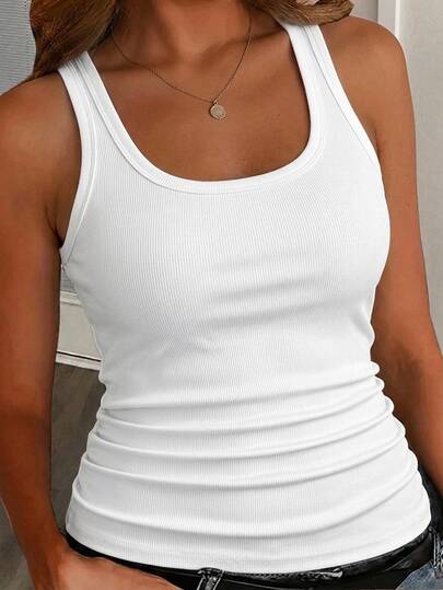 Slaydiva Áo tank top gân size lớn, áo vest ôm cơ bản thường ngày màu trắng cổ tròn trễ vai