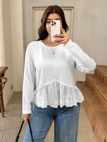 Lounesse Plus Size Women's Burnout Embroidery Casual Versatile Everyday T-Shirt Fall - White - View 2