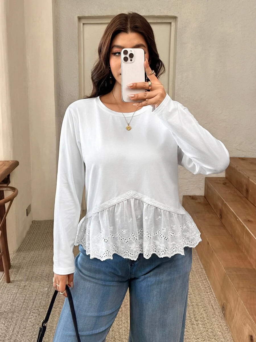 Lounesse Plus Size Women's Burnout Embroidery Casual Versatile Everyday T-Shirt Fall