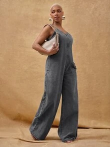 Vixey Adjustable Cami Strap Wide Leg Denim Jumpsuit With Pockets - Black - View 3