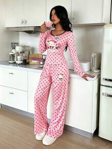 ZzzCrew HELLO KITTY AND FRIENDS | SHEIN Co-Branded Damen-Pyjama-Set mit Polka-Dot-Muster, Kontrastspitze, lässig - Pink - Übersicht 6
