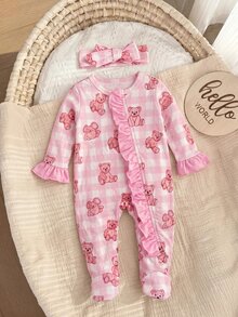 SHEIN Newborn Baby Girl Cute Knitted Pink Plaid Bear Romper With Headband - Pink - View 4