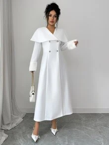 Elenzga Standard Size Women's French Lady Style White Cape Collar Long Overcoat With Faux Fur Sleeve Design, Elegant Overcoat - White - View 4