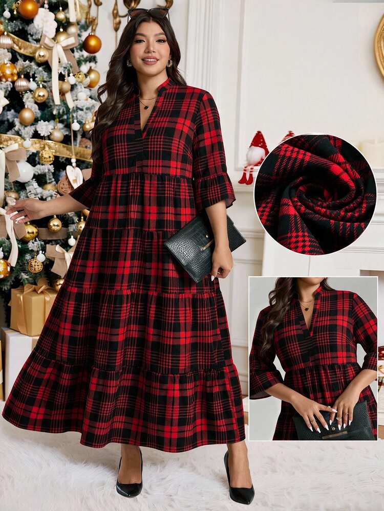 Comfylo Christmas Plaid Patchwork Tiered Maxi Skirt Plus Size - Red - View 1