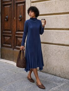 EastFlair Gaun Midi Lengan Panjang Berlipit Biru Elegan untuk Wanita, Cocok untuk Pesta Kantor Musim Gugur/Dingin - Navy Blue - View 5