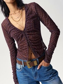 Bohemela Women's Autumn Fashion Polka Dot Print Top - Chocolate Brown - View 4