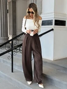 Pariaura Women's Fashion Pleated Striped Loose Fit Business Elegant Trousers - Multicolor - View 3
