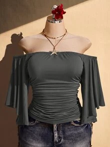 SHEIN ICON 女款大尺碼露肩純色抓皺腰部上衣 - 灰色 - 查看 3