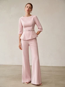 MOTF PREMIUM FASHIONABLE ELEGANT SLIMMING WAIST TOP WITH ASYMMETRICAL HEM AND EXQUISITE WOMEN'S COMMUTER LONG PANTS TWO PIECES SET - Pink - View 1