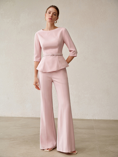 MOTF PREMIUM FASHIONABLE ELEGANT SLIMMING WAIST TOP WITH ASYMMETRICAL HEM AND EXQUISITE WOMEN'S COMMUTER LONG PANTS TWO PIECES SET