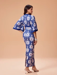 Glamance 女款全印花針織拼色深V領喇叭袖修身長洋裝，波希米亞風，優雅成熟休閒性感，適合外出、工作、辦公室、日常、派對、生日、度假、中東旅行、海灘、泳裝、波希米亞、萬聖節、開學季、日、夏季 - 藍色 - 查看 2