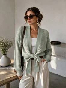 Balvessa Vertical Ribbed Texture Deep V Open Front Dropped Shoulder Ribbed Cuff Long Sleeve Side Slit Front Tie Knot Cropped Casual Women's Cardigan - Green - View 1