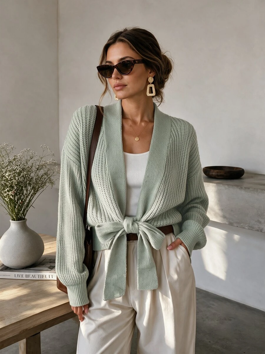 Balvessa Vertical Ribbed Texture Deep V Open Front Dropped Shoulder Ribbed Cuff Long Sleeve Side Slit Front Tie Knot Cropped Casual Women's Cardigan - Green - View 1