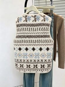 SHEIN Fair Isle 刷毛印花無袖單排扣貼袋復古休閒女款夾克，秋季/日常旅行，棕色與白色波點 - 杏色 - 查看 2