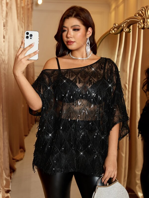 Reflora Plus Size Fashion Sexy Sequin Tassel Sheer Mesh Blouse
