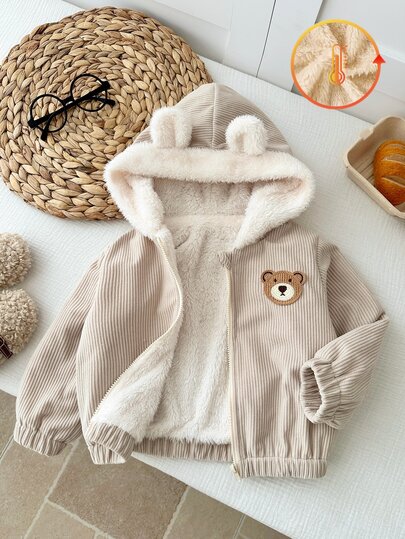 SHEIN Vintaside Kids Baby Boy Baby Girl Unisex Infant Toddler 0-3 Years Old Cute Casual Corduroy Fleece Lined Thick Bear Head Patch 3D Ear Decor Hooded Zipper Corduroy Jacket, Baby Boy Autumn/Winter Jacket
