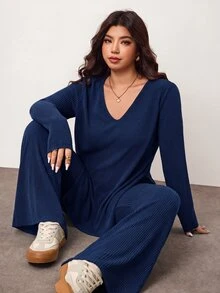 Enliva 大尺碼休閒居家服 2 件套：極簡露肩羅紋設計，適合秋冬，修飾曲線身材 - 藏蓝色 - 查看 3