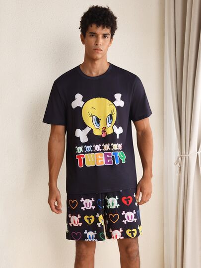 LOONEY TUNES X SHEIN طقم ملابس منزلية رجالي بطبعة كرتونية، ملابس علوية بياقة دائرية وشورت