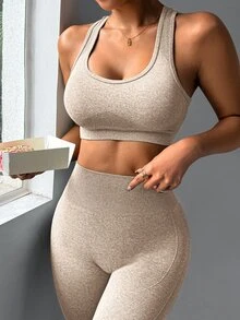 SHEIN Velisys Seamless Knit Tank Top & Shorts / Tank Top & Pants Matching Women's Sports Set - Khaki - View 8